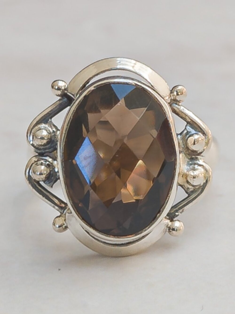 Artisan Sterling Silver Smoky Quartz Oval Ring, Size 6.75